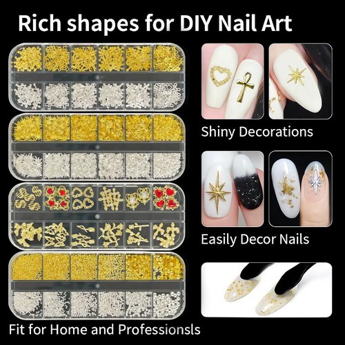 KINGNAME Gold Nail Charms and Gems Set, 4 Boxes Nail Gems Nail Pearls Nail Art Tools, 3D Cross Nail Charms Heart Nail Rhinestones for Nails Supplies, Charms for Nails Design Nail Art Kit