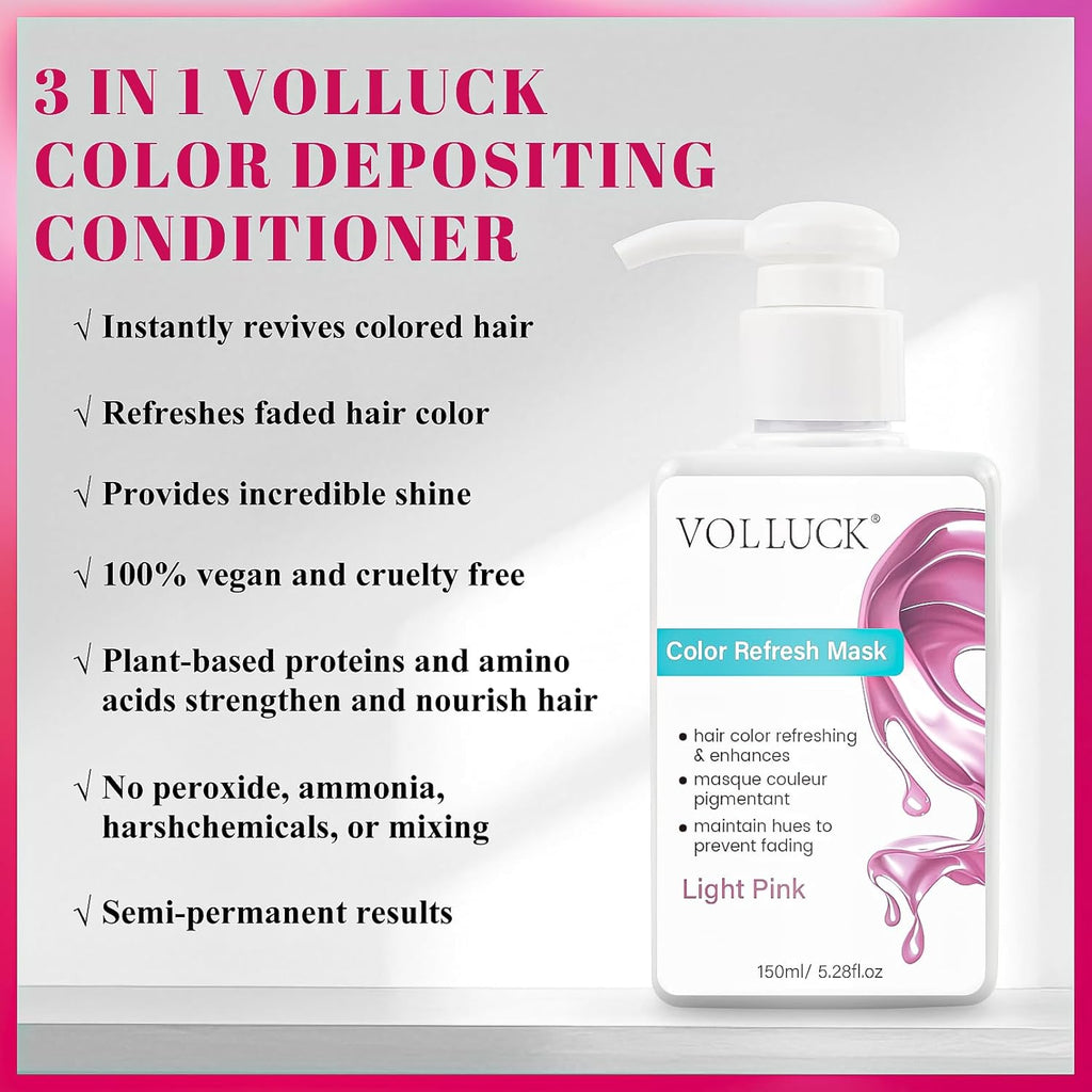 VOLLUCK Color Depositing Conditioner - 3-in-1 Cruelty-Free Hair Mask for Shine & Softness | Light Pink, 5.28 Fl Oz