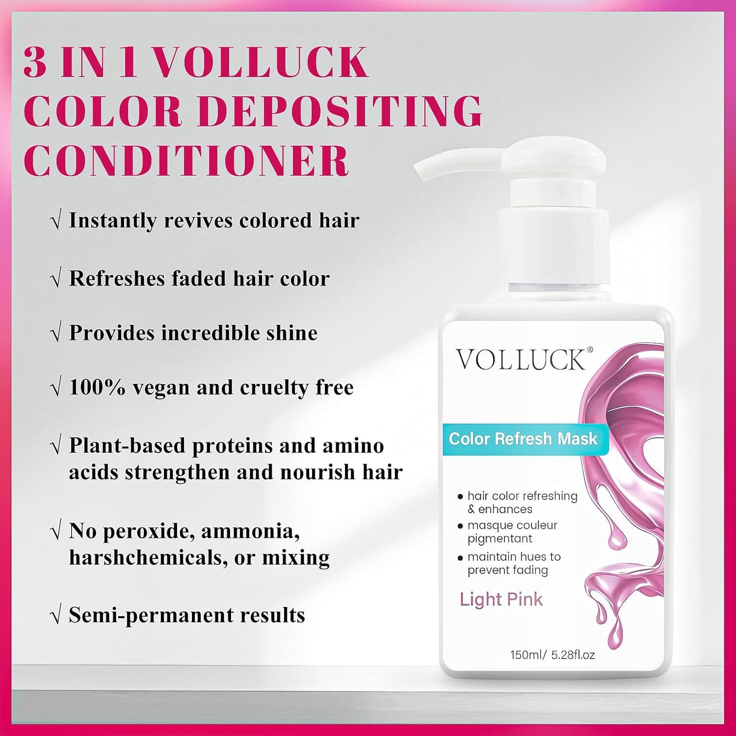 VOLLUCK Color Depositing Conditioner - 3-in-1 Cruelty-Free Hair Mask for Shine & Softness | Light Pink, 5.28 Fl Oz