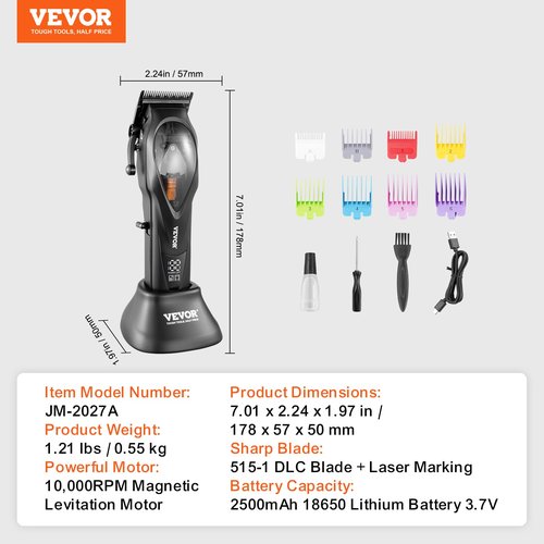 VEVOR Hair Clipper for Men with Magnetic Motor 10000RPM, Cordless Barber Clipper with DLC Fade Blade, Men's Hair Cutting Grooming Kit with 8 Guide Combs for Home Barber, Ideal Gift for Man