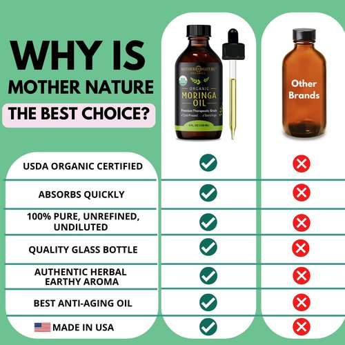 Mother Nature USDA Organic Moringa Seed Oil, 100% Pure, Cold-Pressed, Unrefined Oil for Face, Skin Care & Hair Growth, Aceite de Moringa para la Cara, Anti-Aging. Non-GMO & Gluten Free (4 Oz)