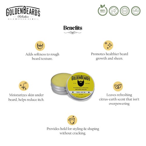 Golden Beards Organic Beard Balm - Shea, Cocoa & Argan Butter Blend with Lime & Patchouli | 60ml Vegan Softener