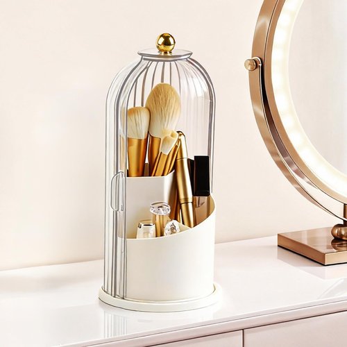 Hvygss 360° Rotating Makeup Brush Holder with Lid, Waterproof Three-Compartment Makeup Organizer, 180° Side-Pull Door Desk Organizer, Dustproof Brush Holder for Vanity and Bathroom (Clear White)