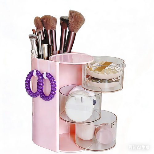 Lukzeezo Hair Accessories Organizer with 2 Hooks,3-Layer Rotatable Hair Tie Organizer With Hair Brush Holder,Makeup Brush Holder For Hair Ties,Hair clips,and Hair bows (Pink)