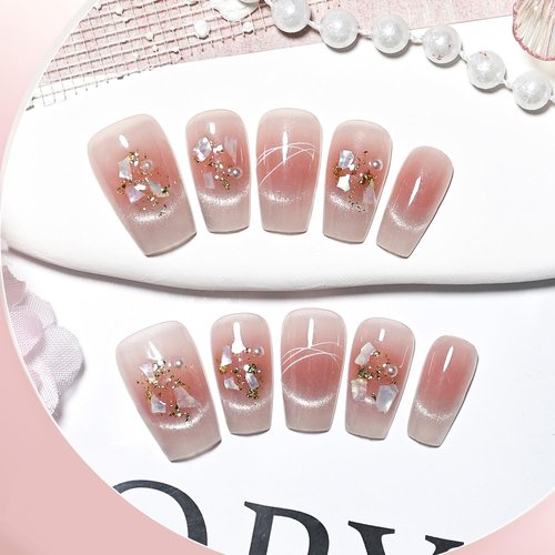 JODSONE Pink Square Press on Nails 3D Handmade Cat Eye Reuseable Fake Nail Tips Ready to Wear - Medium