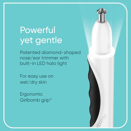 Conair GIRLBOMB Nose Hair Trimmer - Battery-Operated Face Hair Removal for Women | 360° Beveled Blade, LED Light, White