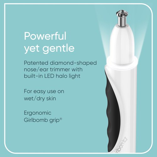 Conair GIRLBOMB Nose Hair Trimmer for Women, Battery-Operated Face Hair Removal for Women, Diamond-Shaped 360° Beveled Blade, LED Light, Packaging May Vary, White
