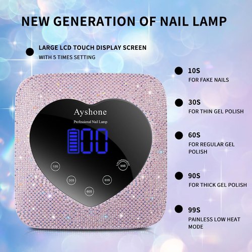 Ayshone Cordless UV LED Nail Lamp,72W Rechargeable Nail Dryer Gel Polish Light with Large LCD Display,Rechargeable Nail Curing Lamp for Salon & Home (Pearl Pink)