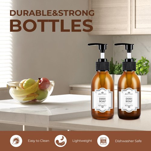 Homepicker 4 oz Amber Glass Pump Bottle, 125ml Small Lotion Dispenser Bottle for Body Massage Oil, Refillable Empty Hand and Dish Soap Dispensers Set with Storage Caps, Labels - 3 Pack