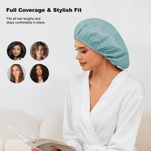 2 Pack Shower Caps for Women, Reusable Waterproof Shower Cap with Elastic Band, Thickened Waterproof Fabric Shower Bonnet for Braids, Long Hair
