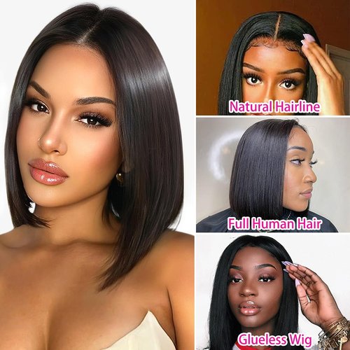 Selina Hair Straight Bob Wigs Human Hair 4x4 Lace Front Wigs Human Hair with Baby Hair 200% Density Brazilian Virgin Hair Natural Black Color 10 Inch
