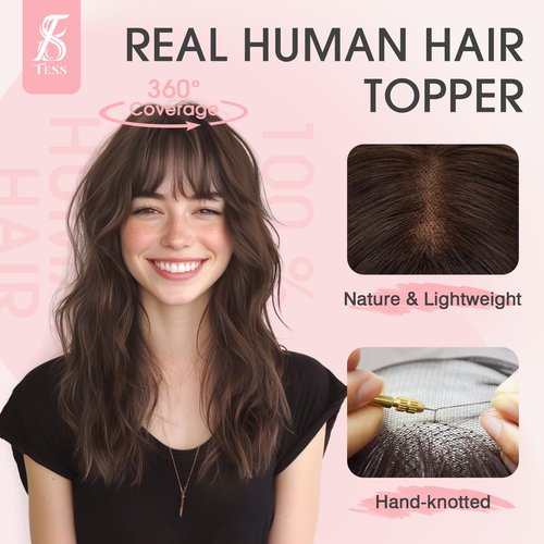 TESS Hair Topper Real Human Hair Toppers for Women with Thinning 11 Inch 360° Cover Clip in with Bangs Upgrade Lace Base Daily Wear, Dark Brown