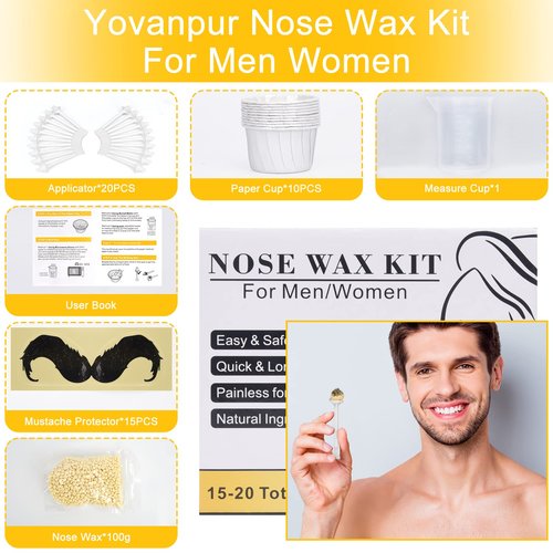 Nose Wax Kit for Men Women, Yovanpur Nose Hair Waxing Kit with 100g Nose Hair Wax Beads (15-20 USES), 20 Applicator, 15 Mustache Protector, 10 Paper Cups, 1 Measuring Cup - Easy, Quick and Painless