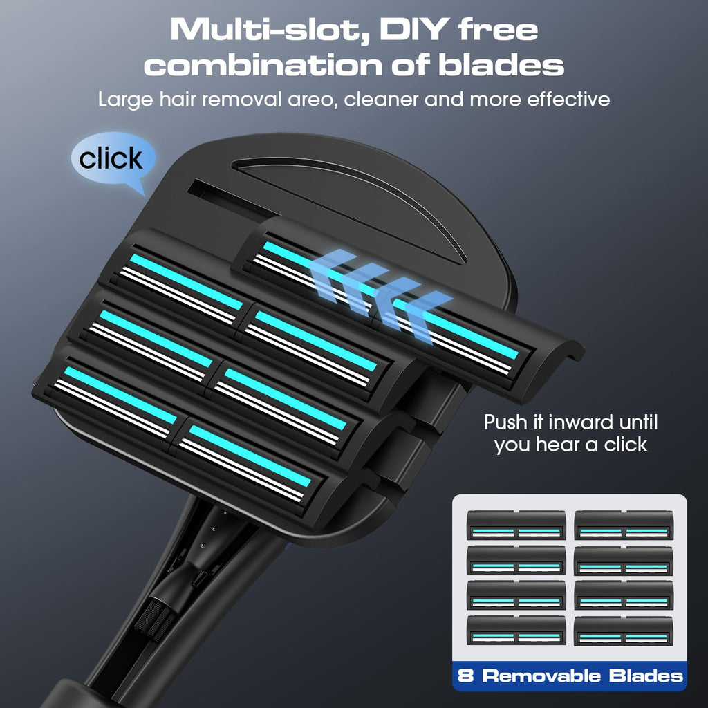 ZOMU Back Shavers for Men:Back Hair Shaver and Body Shavers for Men with Safety Blade Technology & Ergonomic DIY Long Handle, Wet or Dry Shaving,Blue(Replaceable 8PCS 3.5inch Blades Included)