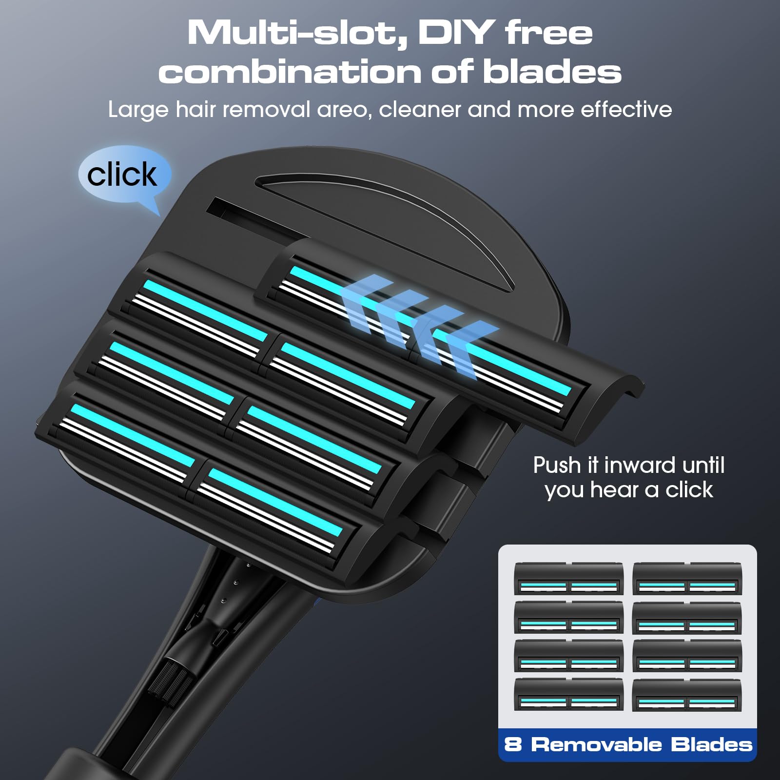 ZOMU Back Shavers for Men:Back Hair Shaver and Body Shavers for Men with Safety Blade Technology & Ergonomic DIY Long Handle, Wet or Dry Shaving,Blue(Replaceable 8PCS 3.5inch Blades Included)