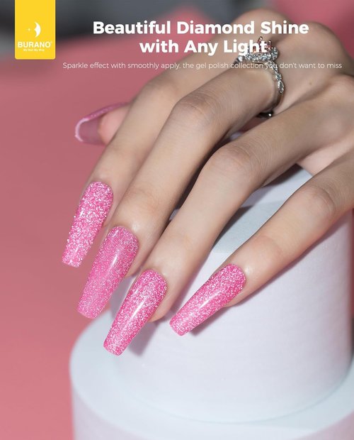 BURANO Hot Pink Reflective Glitter Gel Nail Polish - UV LED Holographic Sparkle 7.3ml for DIY Nails