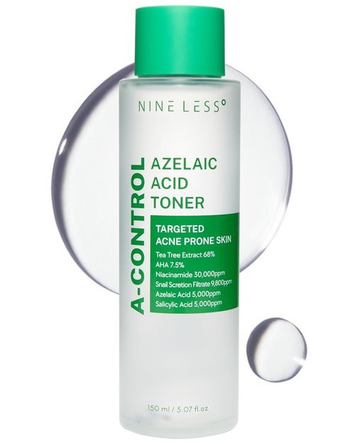 Nineless A-Control Azelaic Acid Toner with AHA & BHA - Pore Refining & Soothing Facial Toner for Acne-Prone Skin - Redness Relief & Dark Spot Corrector, Korean Skincare, 5.07 fl.oz