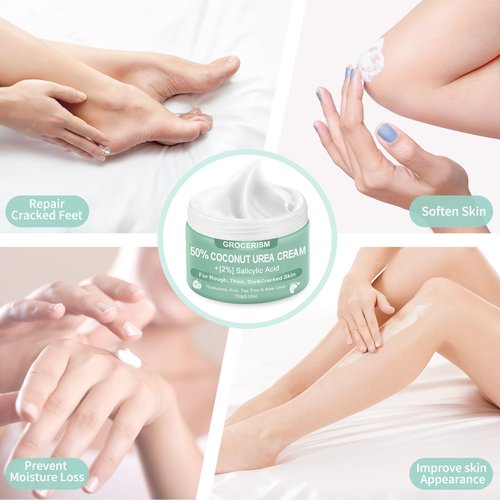 Urea Cream 50 Percent for Feet with Coconut 5.29 oz || Foot & Hand Cream Maximum Strength with 2% Salicylic Acid, Tea Tree and Aloe Vera for Deep Moisturizing and Callus Removing (Upgraded Formula)