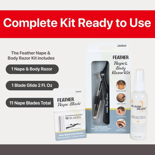 Feather - Nape and Body Razor Kit – Professional Use Hair Cutting Tool - Includes Nape Razor, 10 Nape Blades & 2 oz Blade Glide – Ideal for Nape, Sideburns, Eyebrows, and Bikini Line – Made in Japan