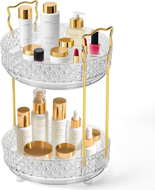 LAREKUN 360 Rotating Makeup Organizer for Vanity, 2Tier Adjustable Perfume Organizer for Dresser, Multi-Function Spinning Cosmetics Skincare Storage for Bedroom, Dresser, Countertop, Clear