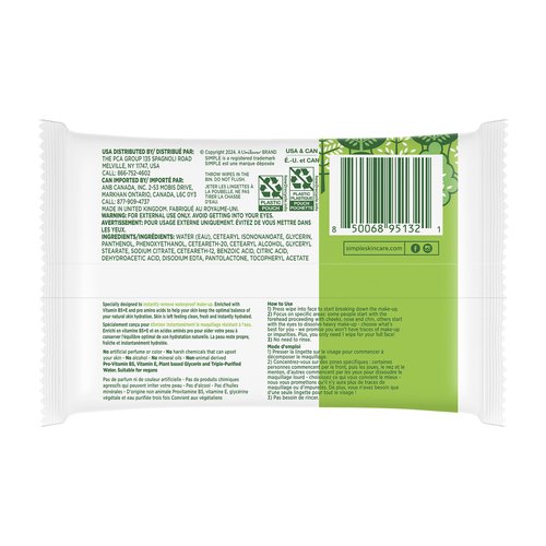 Simple Kind To Skin Micellar Makeup Remover Wipes - Face Wipes Instantly Remove Waterproof Makeup - Enriched with Vitamin B5 and E - Vegan - 6 pc