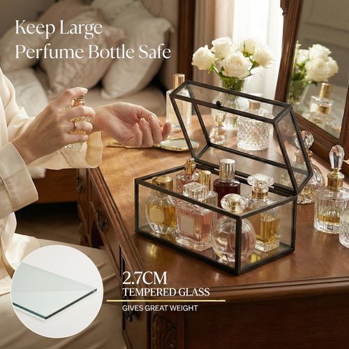 Krdrgey 40 Lipsticks Organizer with Lid, Glass Display Box Fits Large Perfume & Skincare, Easy-Access Organiser for Vanity Countertop, Multifunctional Display Box in Any Rooms (black, 40 slot)