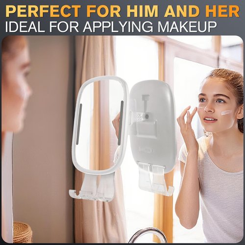 Showvigor Heated Shower Mirror Fogless for Shaving with Light, Rechargeable Battery, Detachable Adhesive Hook & Razor Holder, NO-Drilling Waterproof Anti-Fog Mirror, Gift for Men(White)