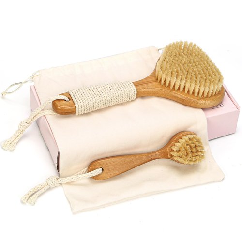 eaxun Bamboo Dry Brushing Set with Body and Face Brush, Dry Scrub Brush with Exfoliating Natural Boar Bristle for Lymphatic Drainage, Cellulite Reduction, Blood Circulation and Glowing Skin, 2 Pack