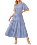 KIRUNDO Casual Summer Dresses for Women 2026 Flutter Short Sleeve Midi Dress Smocked Modest Church A Line Flowy Ruffle Tiered Dress Resort Wear(XX-Large, Light Blue)
