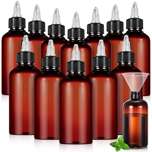 Barydat 12 Pcs 8 oz Brown Squeeze Bottle Twist Top Applicator Empty Hair Oiling Bottle with Funnels Refillable Plastic Liquid Containers for Liquid Hair Oil Shampoo Lotion