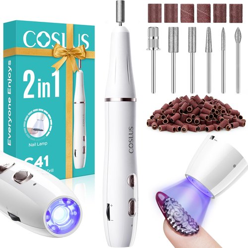 COSLUS Cordless Nail Drill Electric C41(END04): 2-in-1 Nail File with Flash Cure for Acrylic Gel Dip Powder Nails, Stepless Control for Beginner Home DIY, Portable & Professional Pedicure Kit