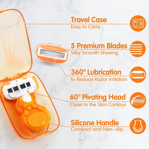 DreamGenius Travel Razors for Women Include 1 Handle and 2 Cartridges, Extra Smooth 5-Blade Travel Essentials Razor with Case for Shaving, Orange