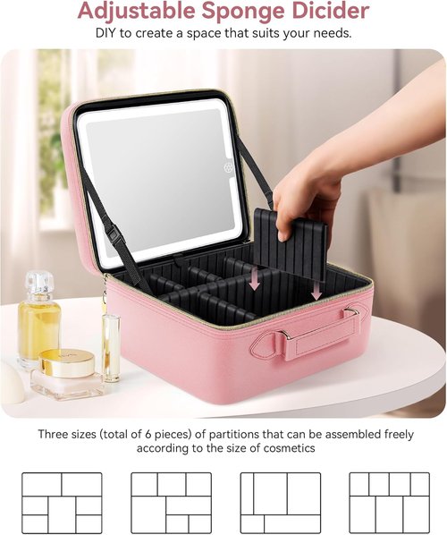 JUSRON Travel Makeup Bag - LED Mirror & Adjustable Dividers - Portable Organizer in Pink (Large)