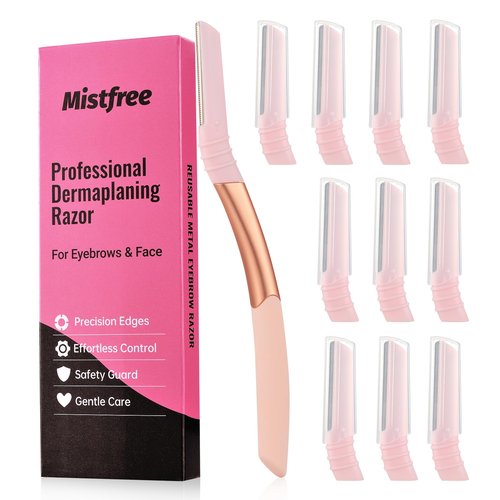 Mistfree Dermaplane Razor for Women Face, Eyebrow Razor with Reusable Handle and 10 Refill Blades, Professional Dermaplaning Tool Face Razors for Exfoliation, Peach Fuzz Removal, Eyebrow Shaping
