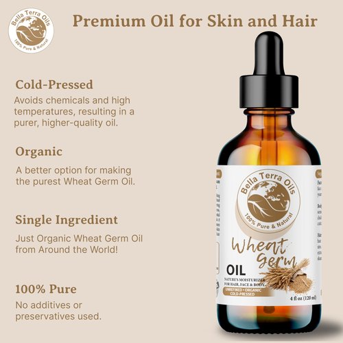 Bella Terra Oils - Organic Wheat Germ Oil 8 oz - Potent Vitamin E Oil for Skin, Celebrate Beauty with Essential Nutrients, The Pinnacle of Face Oils