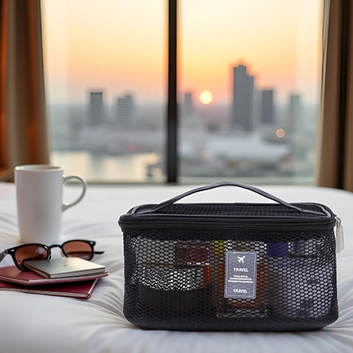 DALINEEYI Mesh Makeup Bag, Breathable Cosmetic Bags with Zipper, Travel Lightweight Make Up Organizer Mesh, Toiletry Bag with Handle for Women Girls Gift, Black