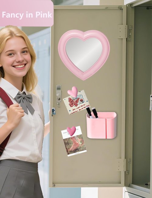 Dizgyuwei Heart Magnetic Locker Mirror for Girls, 6.9"x7.3" Real Glass Mirror Magnetic for School Locker, Locker Accessories Makeup Mirror for Bathroom Fridge Office Cabinet Gym (Pink)