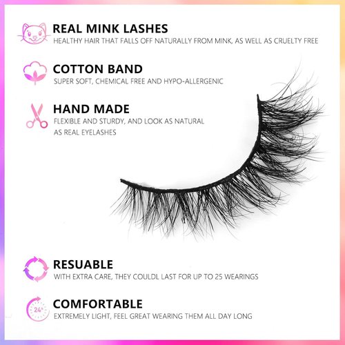 Barbiely 14MM 3 Pairs Mink Lashes, 100% Real Siberian Mink Fur Lashes, Natural Cat-Eyes Look, Totally Cruelty-Free, Reusable & Handmade, Non-Irritating Luxury Volume Strip Fake Eyelashes
