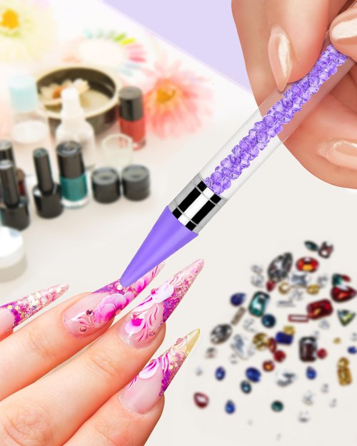 Rhinestone Picker Tool Set,Rhinestone Applicator Tool,Rhinestone Picker Dotting With 4 Extra Purple Replaceable Wax Head and 2 Tweezer (Purple)