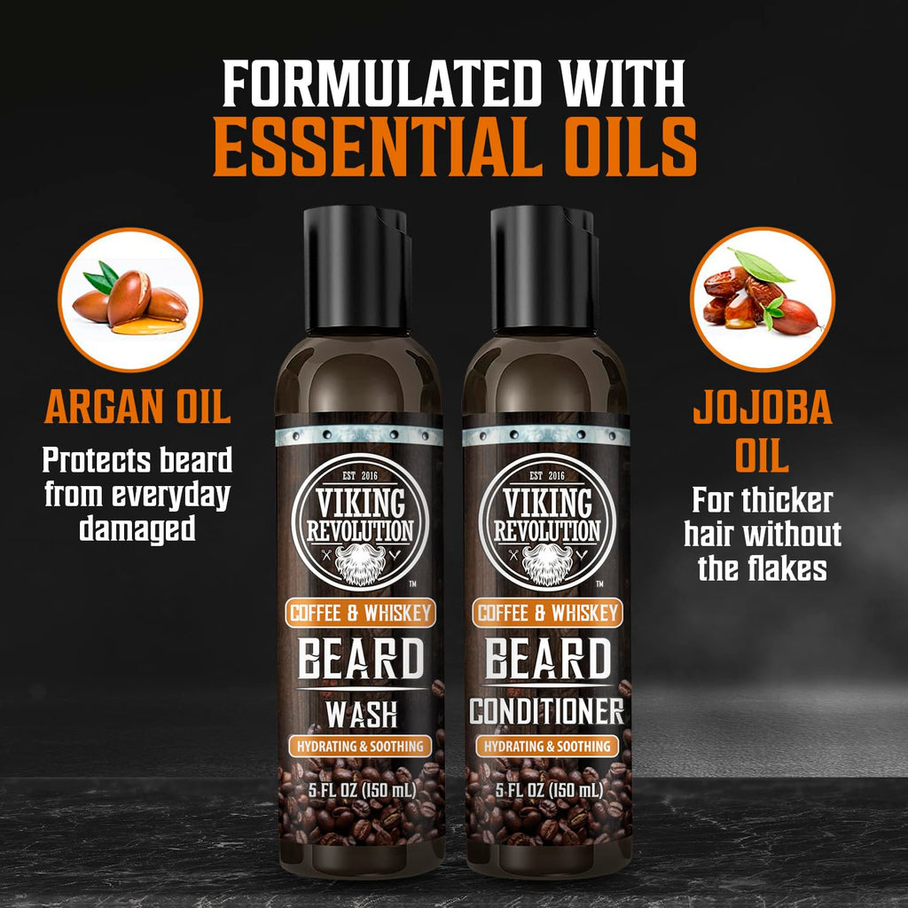 Viking Revolution Beard Wash and Beard Conditioner for Men with Argan Oil and Jojoba Oil- Beard Softener and Strengthener Beard Care Beard Shampoo and Conditioner with Ginseng Root(5oz,Coffee Whiskey)