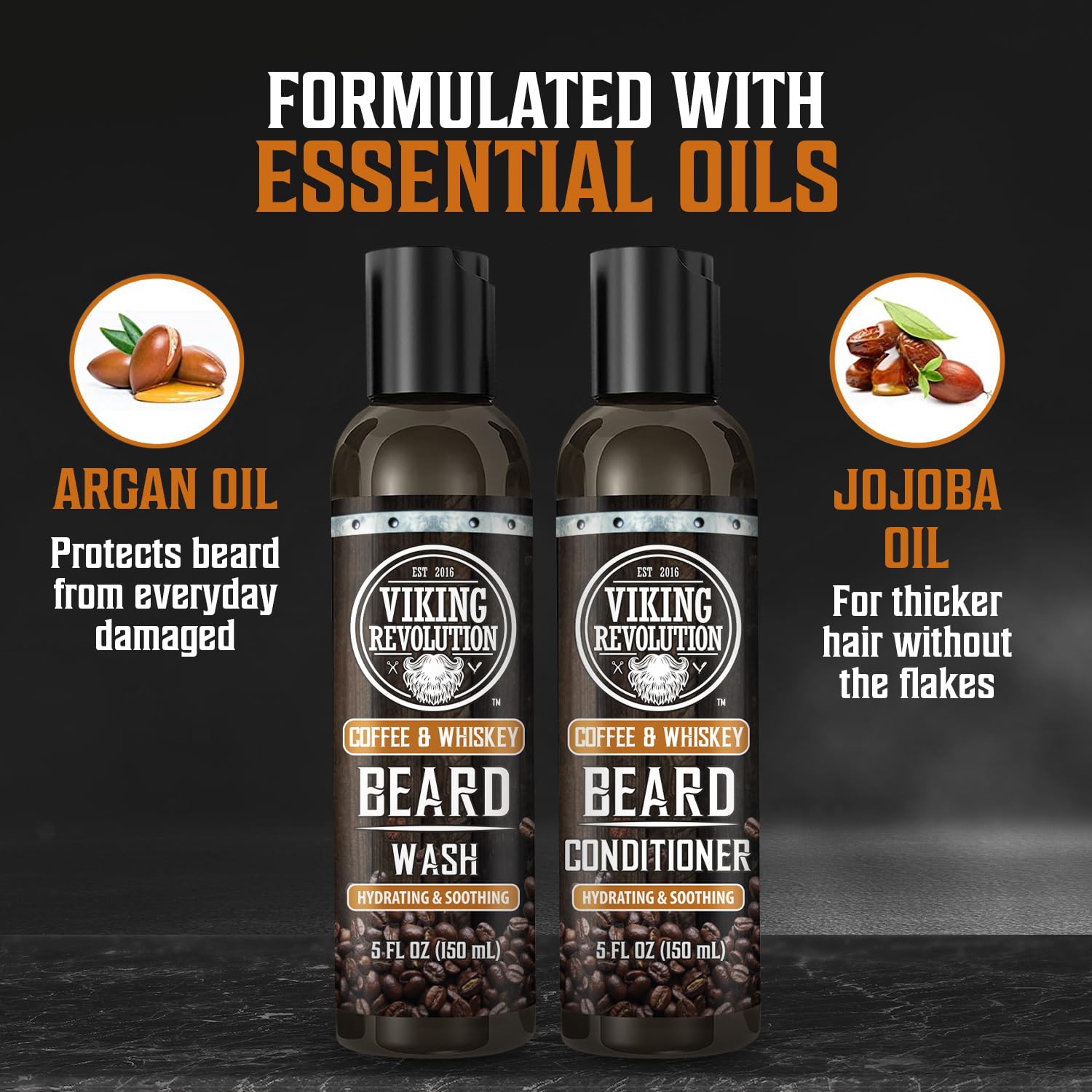 Viking Revolution Beard Wash and Beard Conditioner for Men with Argan Oil and Jojoba Oil- Beard Softener and Strengthener Beard Care Beard Shampoo and Conditioner with Ginseng Root(5oz,Coffee Whiskey)
