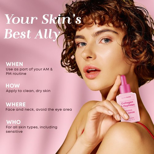 Glow Elixir Collagen & Peptides Face Serum – Firming & Wrinkle Serum for Skin Repair, Fine Lines & Deep Wrinkle Treatment – Dermatologist Tested Anti Aging Korean Skin Care – Clean Beauty – 2.02 Fl Oz