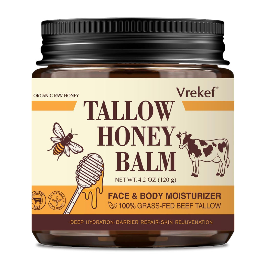 VREKEF Beef Tallow for Skin (4.2 oz)– Tallow and Honey Balm for Face & Body – Grass-Fed Tallow with Beeswax, Sea Buckthorn Oil, Shea Butter, Vitamin E – Natural Moisturizer