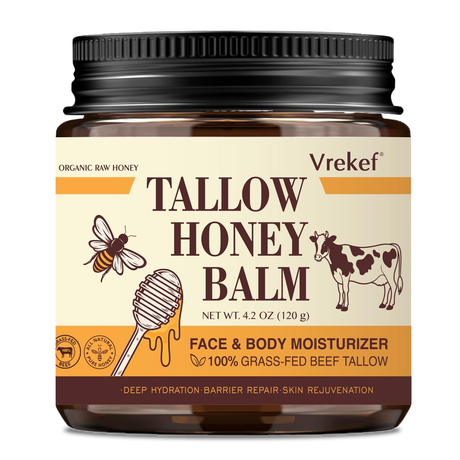 VREKEF Beef Tallow for Skin (4.2 oz)– Tallow and Honey Balm for Face & Body – Grass-Fed Tallow with Beeswax, Sea Buckthorn Oil, Shea Butter, Vitamin E – Natural Moisturizer