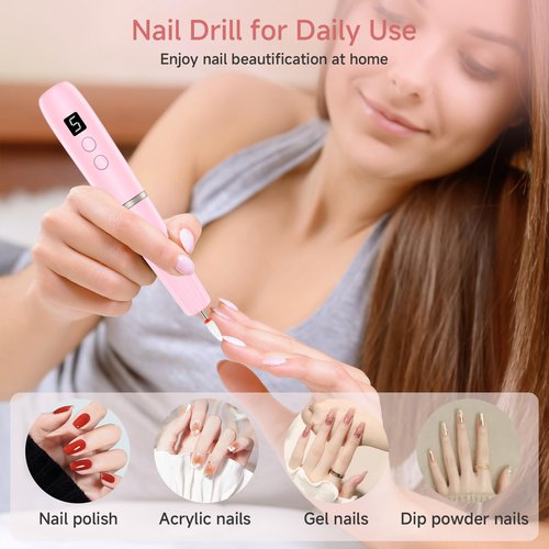 Electric Nail Filer, Professional Nail Drill Kit, Electric Nail Drill Kit, Portable File for Acrylic Gel Nails, Cordless Nail File Electric Manicure Pedicure Tools with Drill Bits for Home Salon