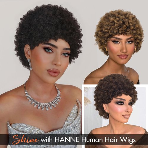 HANNE Short Afro Wig for Black Women 100% Human Hair Tight Curly Wig Short Curly Wig (Black)