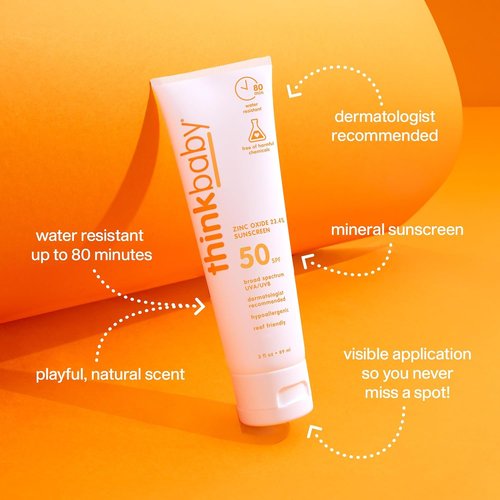 Thinkbaby SPF 50+ Baby Sunscreen - Natural Mineral Sun Cream, Water Resistant, Broad Spectrum UVA/UVB - 3 Oz.