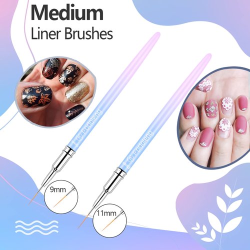 Liner Brush for Nails, 6Pcs Thin Nail Art Brushes Professional Nail Detail Brush for Gel Polish Sizes 5/7/9/11/15/25mm (Blue and Pink)