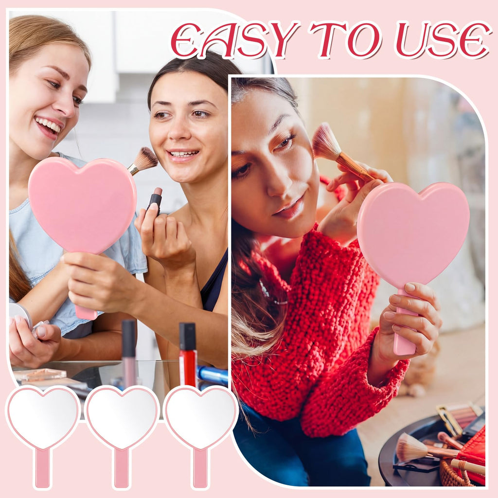 Yalikop 3 Pcs Handheld Heart Mirror Valentines Gifts Cute Travel Mini Makeup Plastic Mirrors with Handle Pink Gifts for Women Birthday Party Favor Cosmetic (Pink)