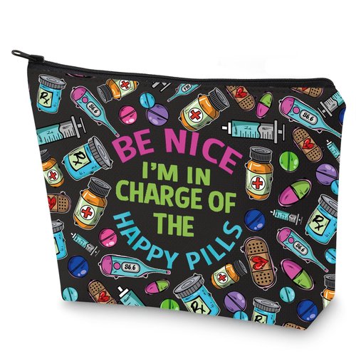 G2TUP RX Pharmacy Technician Funny Makeup Bag I am in Charge of the Happy Pills Gift for Pharmacy Graduation (Be Nice I am New)